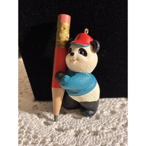Vintage 1995 Super Sharp Son Panda Bear Holding Pencil Hallmark Ornament